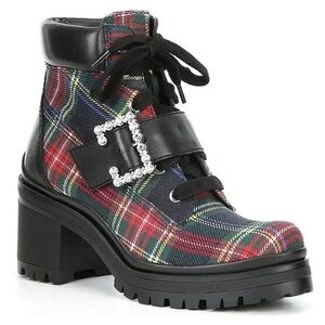 Gianna Bini Pop-Star Plaid Rhinestone Buckle Lug Sole Booties 8M